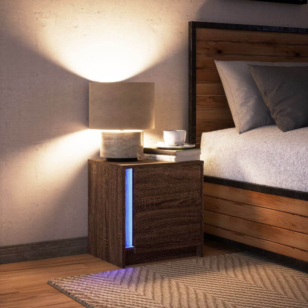 Noptieră cu lumini LED, stejar maro, lemn prelucrat GartenMobel Dekor