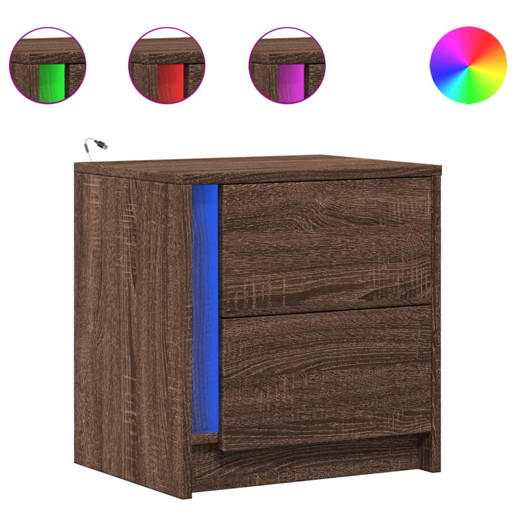 Noptieră cu lumini LED, stejar maro, lemn prelucrat GartenMobel Dekor