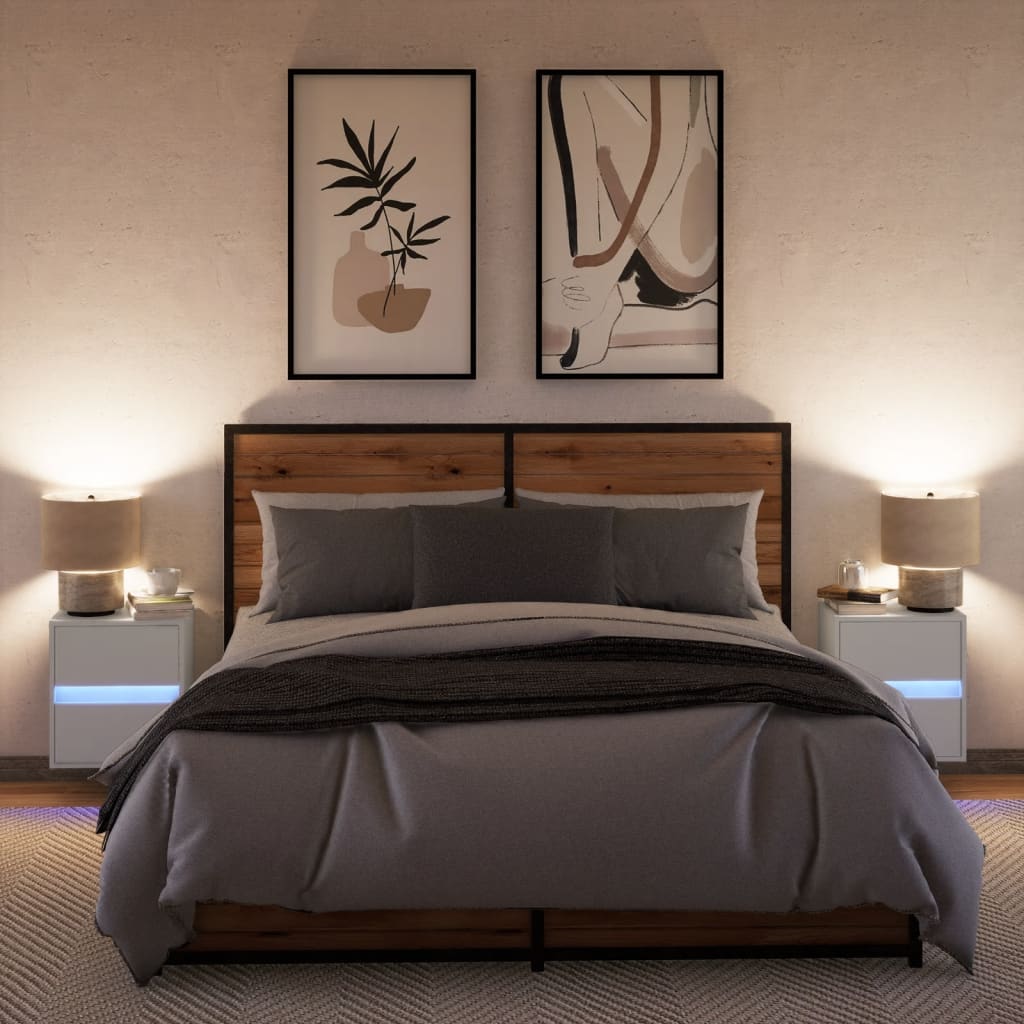 Noptiere montate pe perete cu lumini LED, 2 buc., alb GartenMobel Dekor