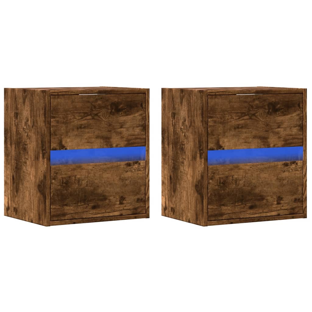 Noptiere montate pe perete cu lumini LED, 2 buc.,stejar fumuriu GartenMobel Dekor