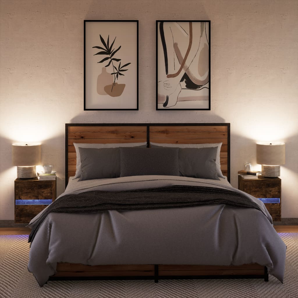 Noptiere montate pe perete cu lumini LED, 2 buc.,stejar fumuriu GartenMobel Dekor