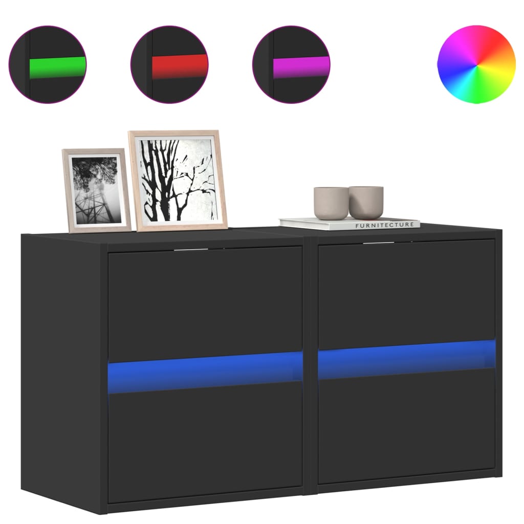 Comode TV de perete cu lumini LED, 2 buc., negru, 41x31x45 cm GartenMobel Dekor