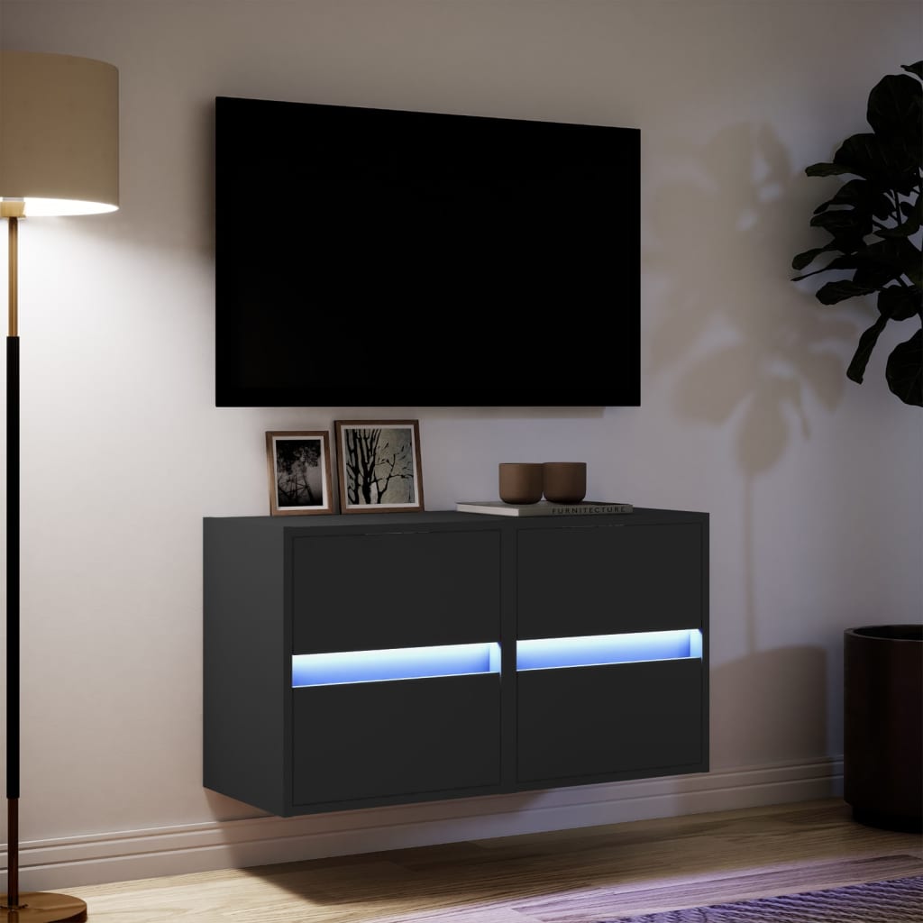 Comode TV de perete cu lumini LED, 2 buc., negru, 41x31x45 cm GartenMobel Dekor
