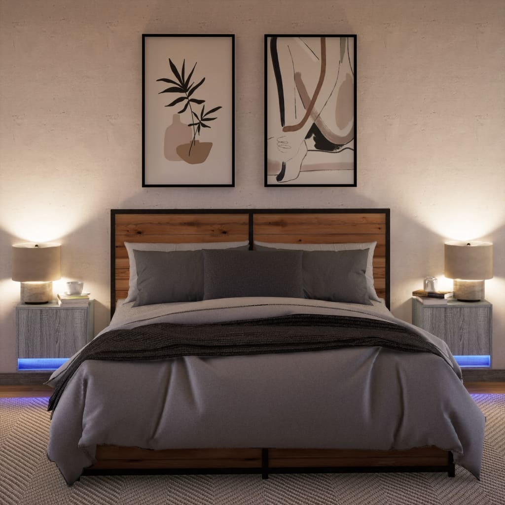 Noptiere montate pe perete cu lumini LED, 2 buc., sonoma gri GartenMobel Dekor