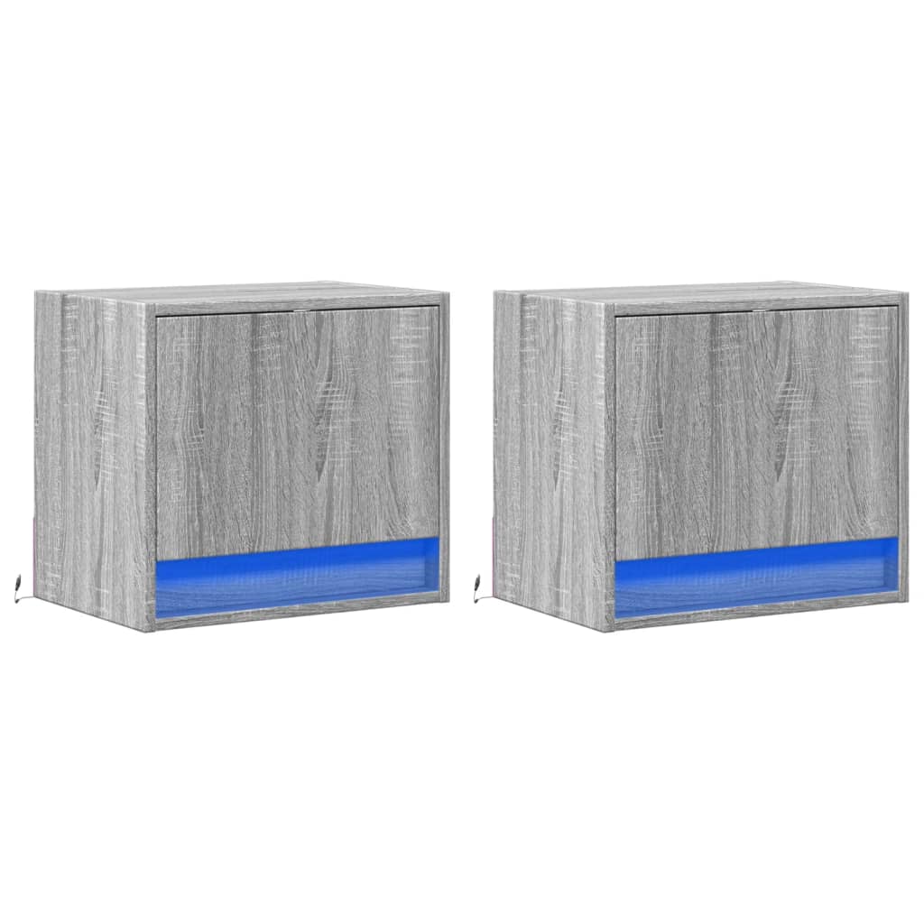 Noptiere montate pe perete cu lumini LED, 2 buc., sonoma gri GartenMobel Dekor