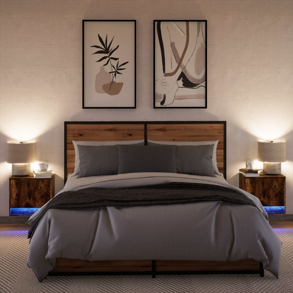 Noptiere montate pe perete cu lumini LED, 2 buc.,stejar fumuriu GartenMobel Dekor
