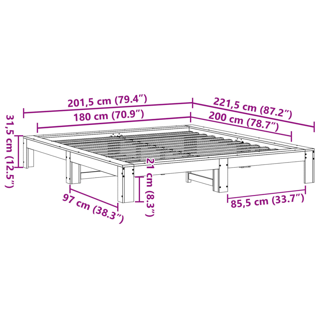 Cadru de pat fără saltea, maro ceruit 180x200 cm lemn masiv pin GartenMobel Dekor