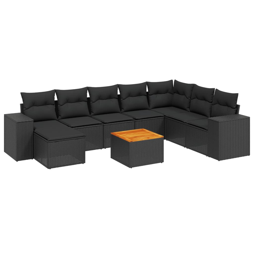 Set mobilier de grădină cu perne, 9 piese, negru, poliratan GartenMobel Dekor