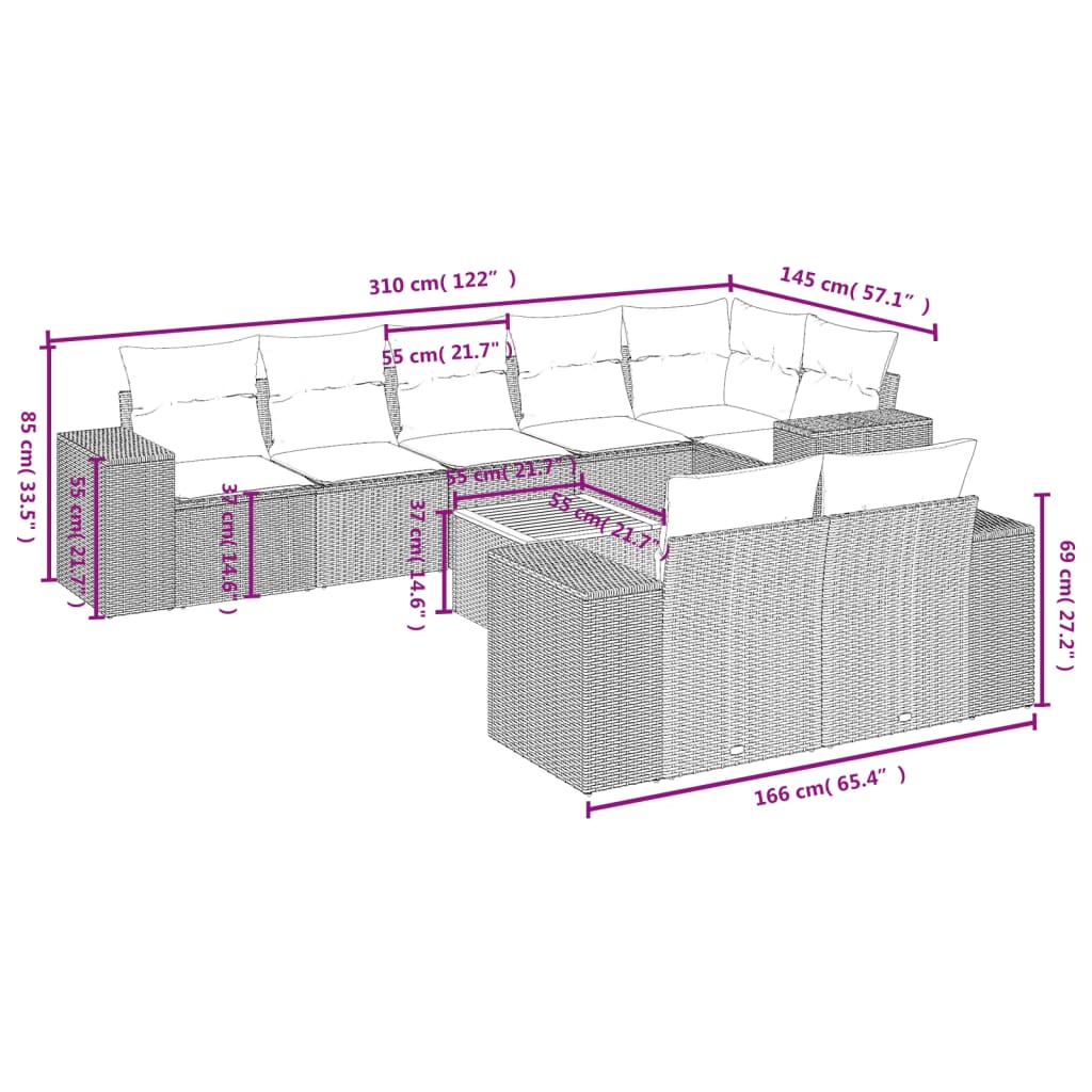 Set mobilier de grădină cu perne, 9 piese, negru, poliratan GartenMobel Dekor