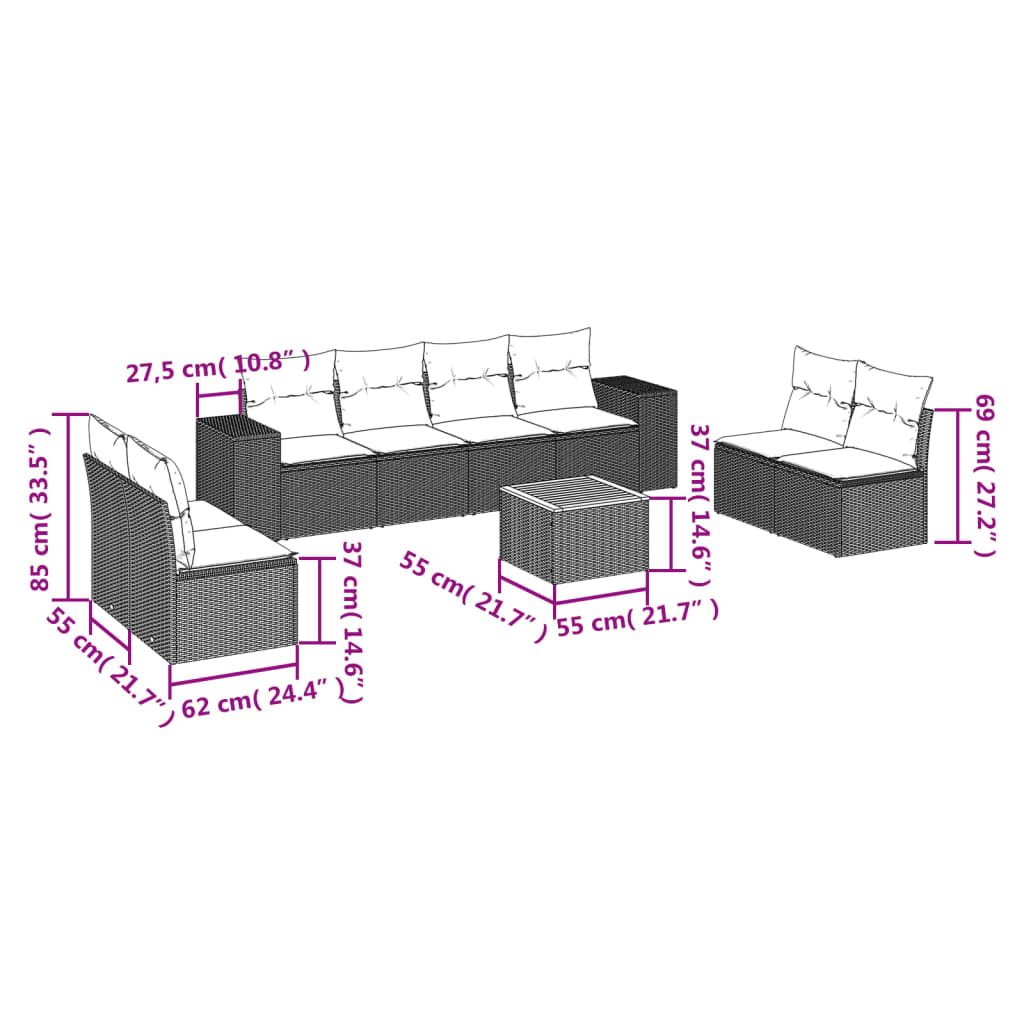 Set mobilier de grădină cu perne, 9 piese, negru, poliratan GartenMobel Dekor