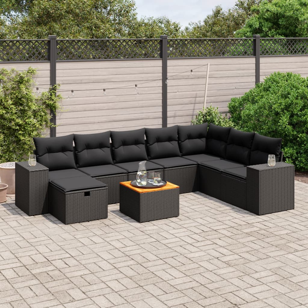 Set mobilier de grădină cu perne, 9 piese, negru, poliratan GartenMobel Dekor