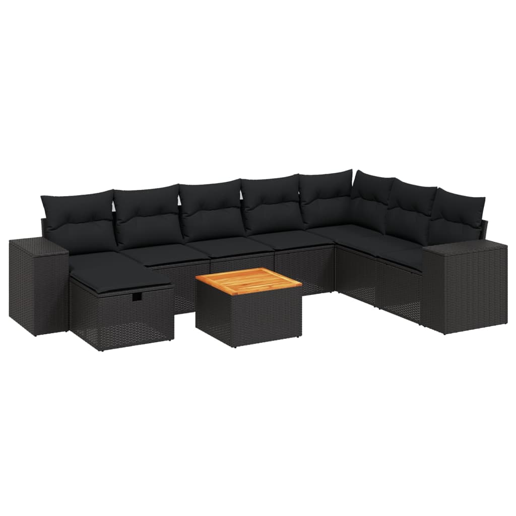 Set mobilier de grădină cu perne, 9 piese, negru, poliratan GartenMobel Dekor