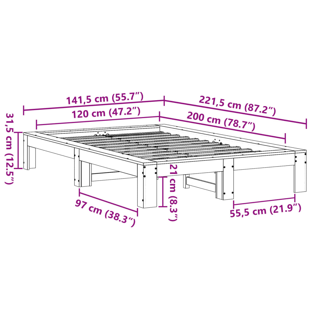 Cadru de pat fără saltea, 120x200 cm, lemn masiv pin GartenMobel Dekor