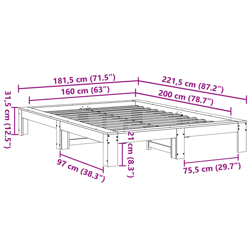 Cadru de pat fără saltea, alb, 160x200 cm, lemn masiv pin GartenMobel Dekor