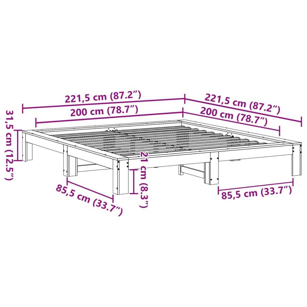 Cadru de pat fără saltea, alb, 200x200 cm, lemn masiv pin GartenMobel Dekor