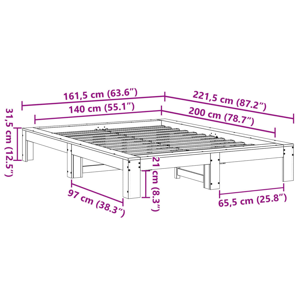 Cadru de pat fără saltea, maro ceruit 140x200 cm lemn masiv pin GartenMobel Dekor