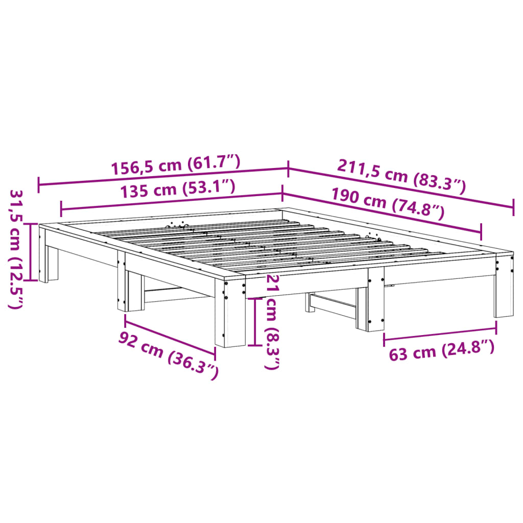 Cadru pat fără saltea, maro ceruit, 135x190 cm, lemn masiv pin GartenMobel Dekor