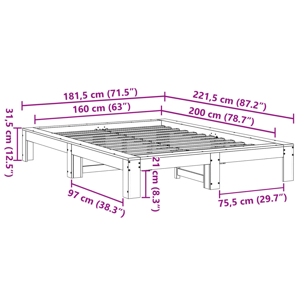 Cadru pat fără saltea, maro ceruit, 160x200 cm, lemn masiv pin GartenMobel Dekor
