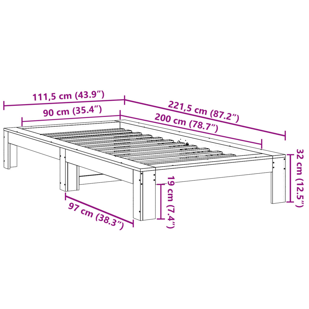 Cadru de pat fără saltea, 90x200 cm, lemn masiv pin GartenMobel Dekor