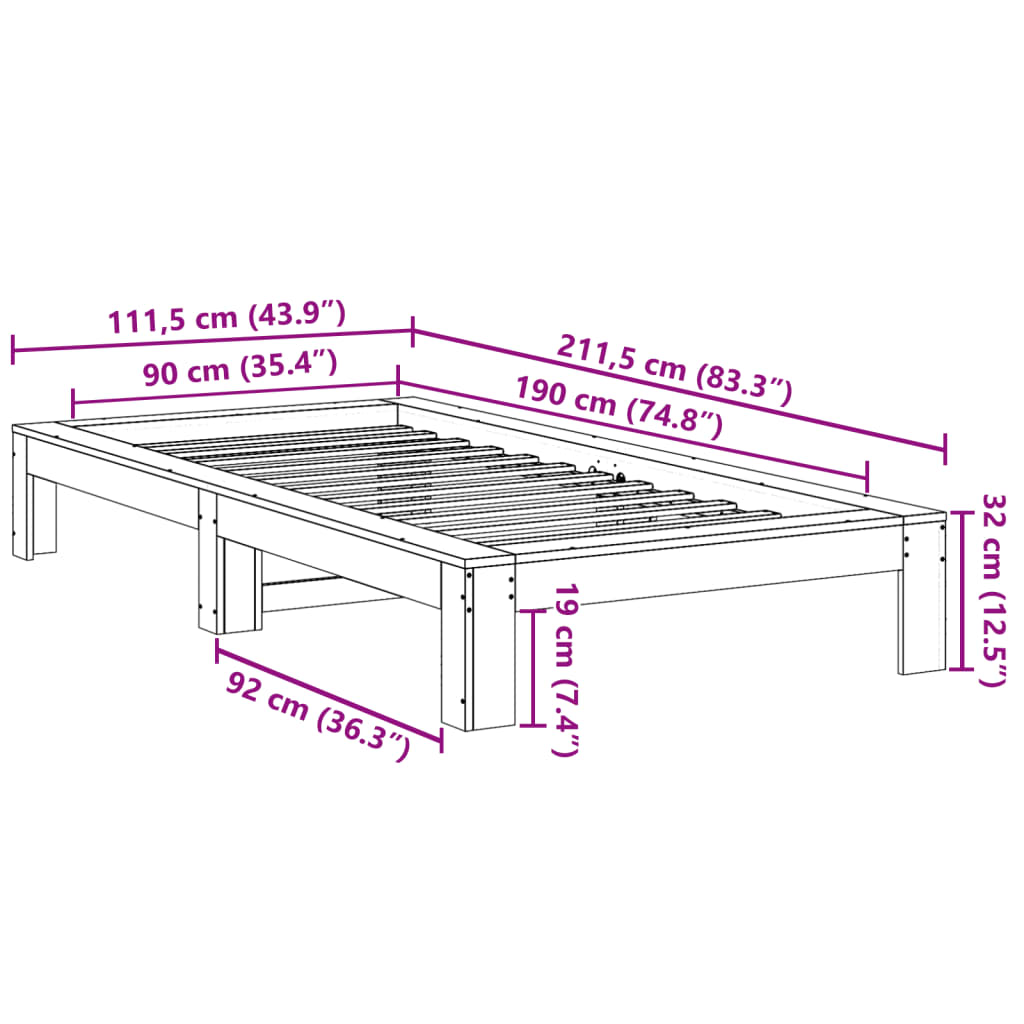 Cadru pat fără saltea, maro ceruit, 90x190 cm, lemn masiv pin GartenMobel Dekor