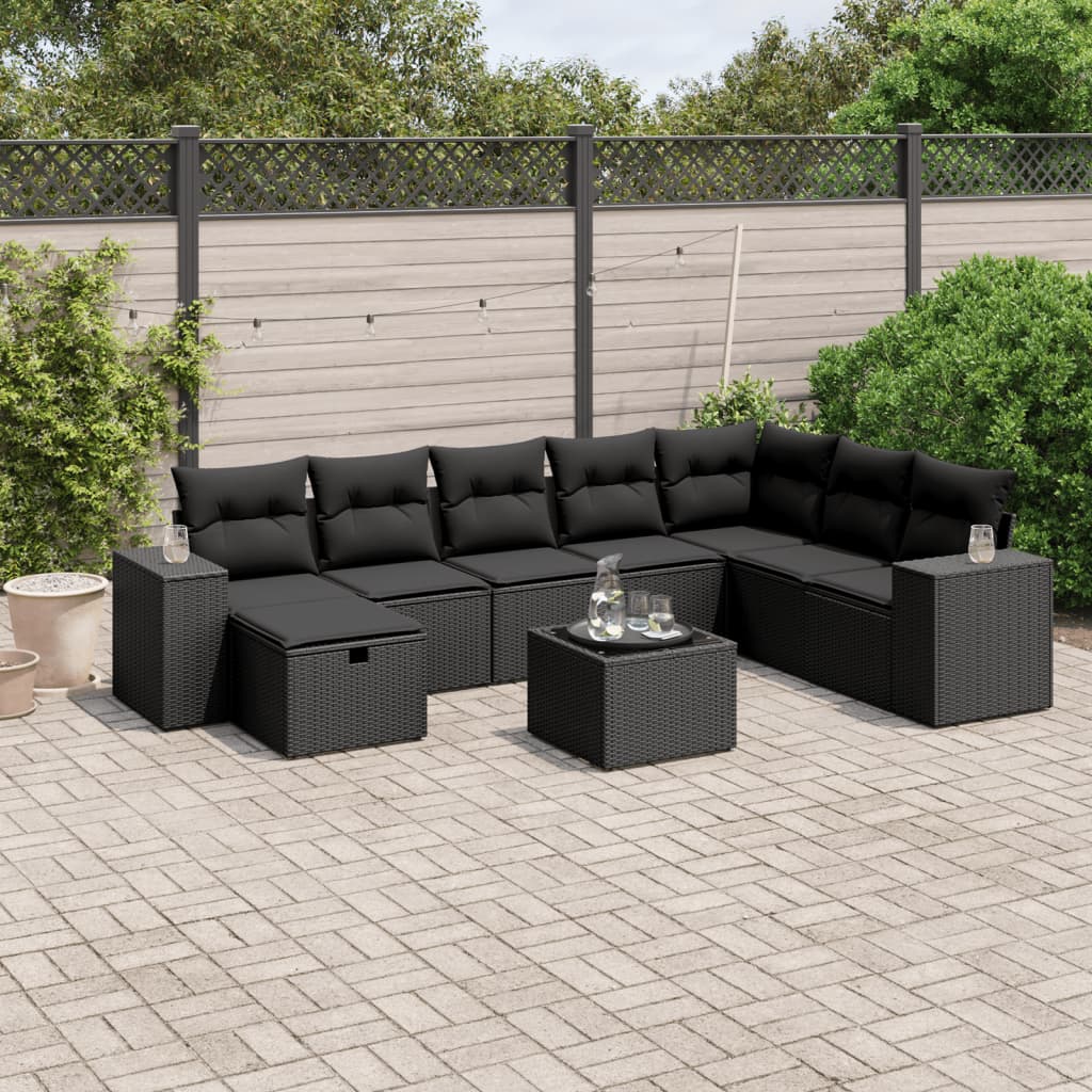Set mobilier de grădină cu perne, 9 piese, negru, poliratan GartenMobel Dekor