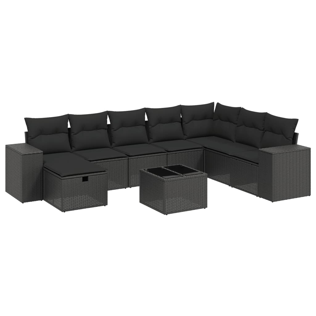 Set mobilier de grădină cu perne, 9 piese, negru, poliratan GartenMobel Dekor