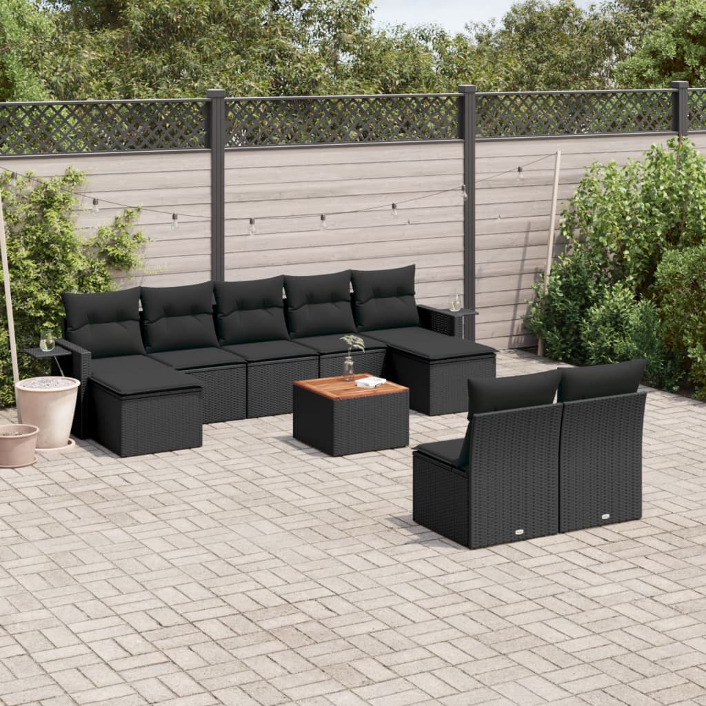 Set canapele de grădină cu perne, 10 piese, negru, poliratan GartenMobel Dekor