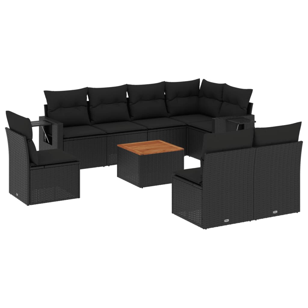 Set mobilier de grădină cu perne, 9 piese, negru, poliratan GartenMobel Dekor