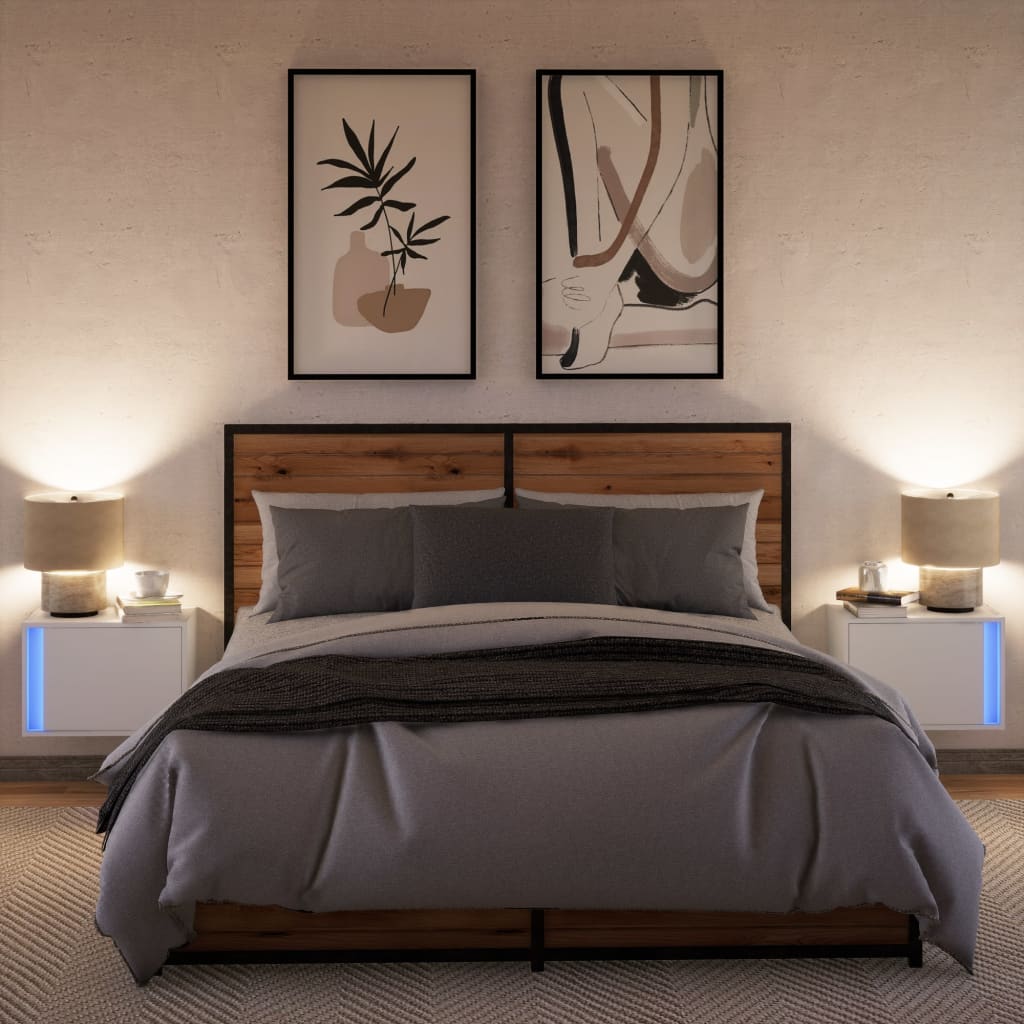Noptiere montate pe perete cu lumini LED, 2 buc., alb GartenMobel Dekor
