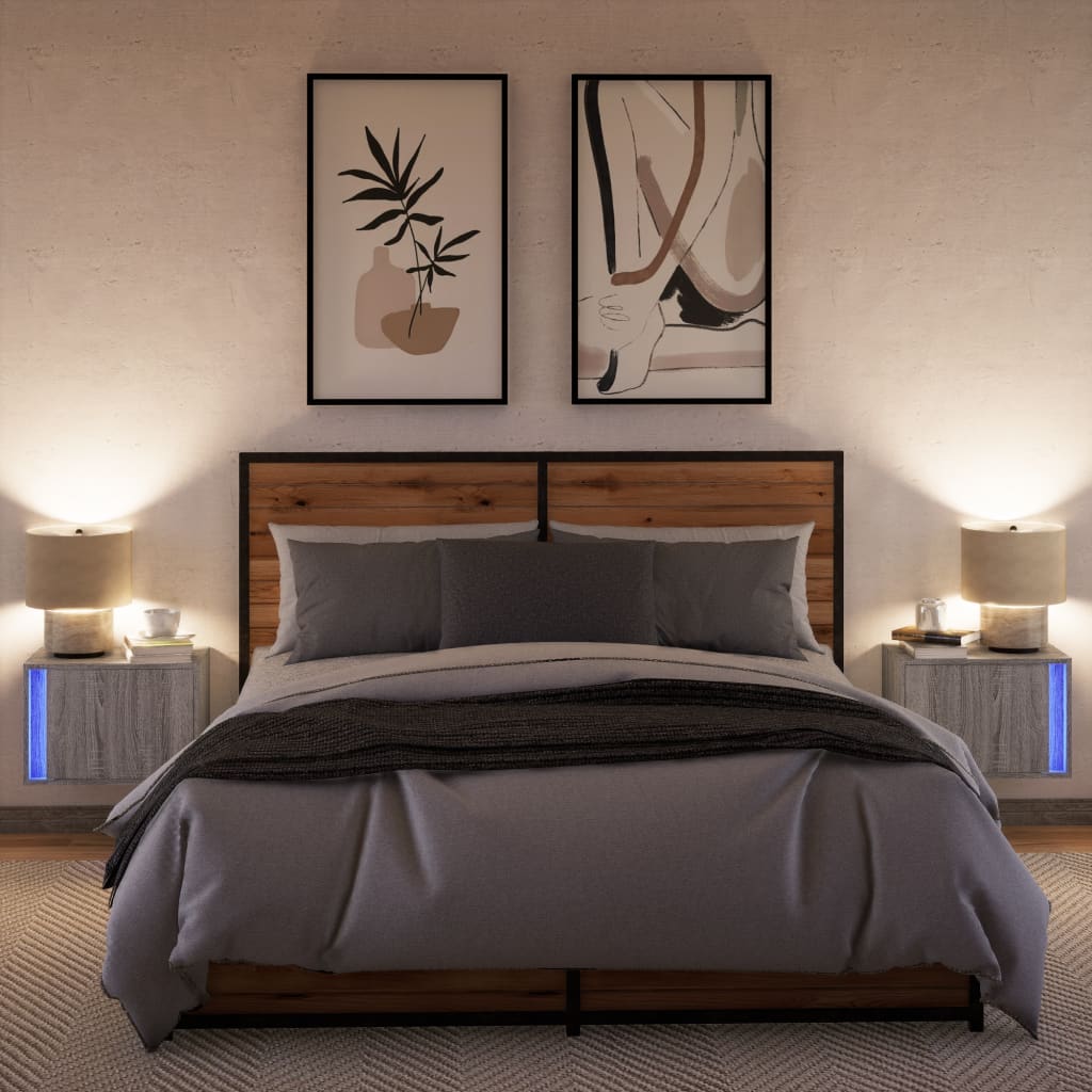 Noptiere montate pe perete cu lumini LED, 2 buc., sonoma gri GartenMobel Dekor