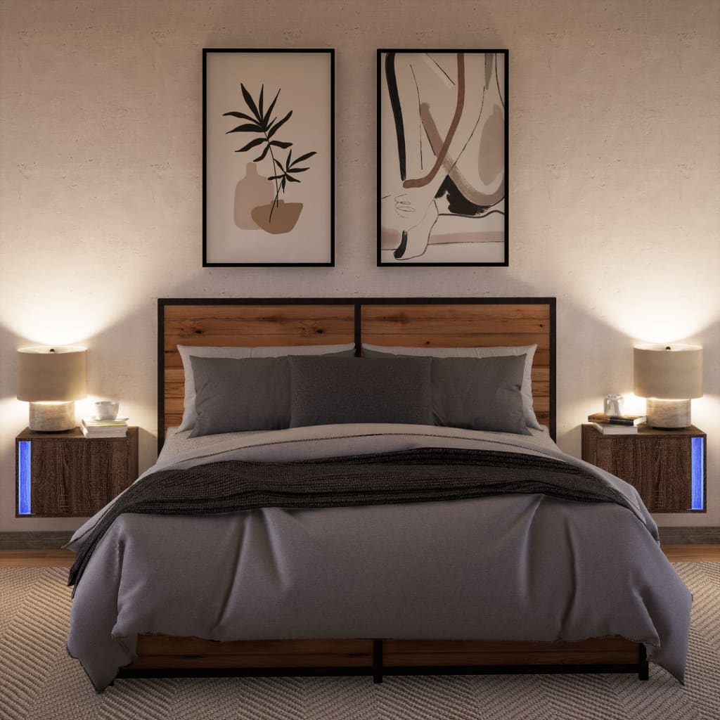 Noptiere montate pe perete cu lumini LED, 2 buc., stejar maro GartenMobel Dekor