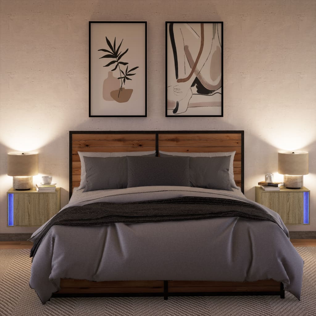 Noptiere montate pe perete cu lumini LED, 2 buc., stejar sonoma GartenMobel Dekor