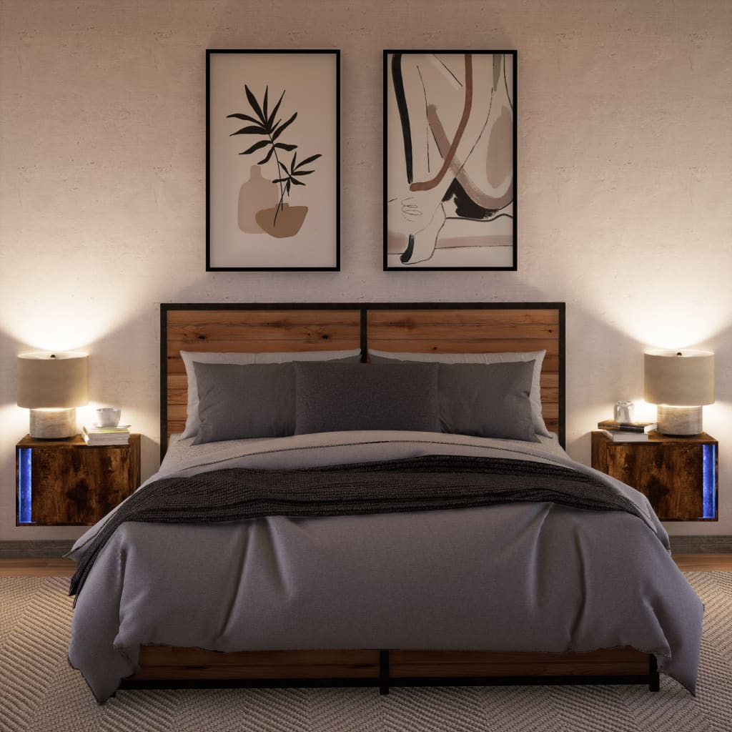 Noptiere montate pe perete cu lumini LED, 2 buc.,stejar fumuriu GartenMobel Dekor
