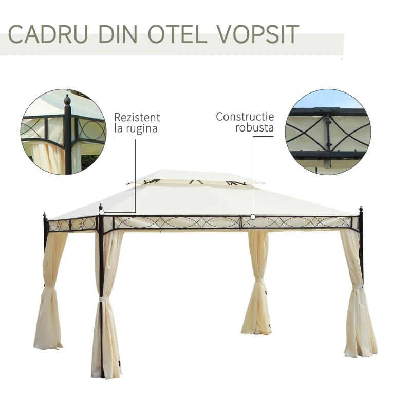 Pavilion/foisor pentru gradina/terasa, cadru metalic, cu perdele, crem, 4x3x2.80 m GartenVIP DiyLine