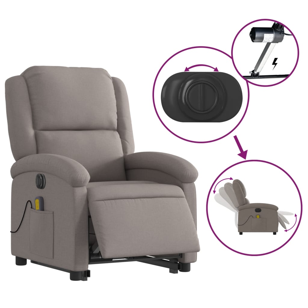 Fotoliu electric masaj rabatabil cu ridicare, gri taupe, textil GartenMobel Dekor