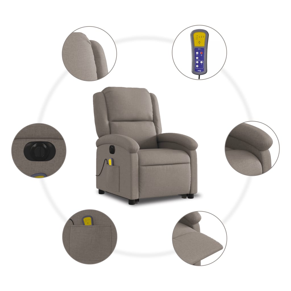 Fotoliu electric masaj rabatabil cu ridicare, gri taupe, textil GartenMobel Dekor