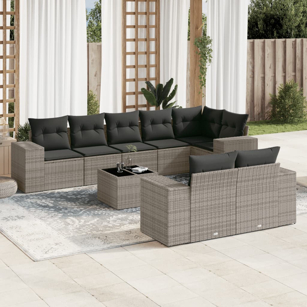 Set canapele de grădină, 9 piese, cu perne, gri, poliratan GartenMobel Dekor