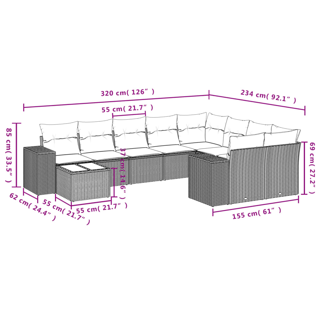 Set mobilier de grădină cu perne, 10 piese, gri, poliratan GartenMobel Dekor