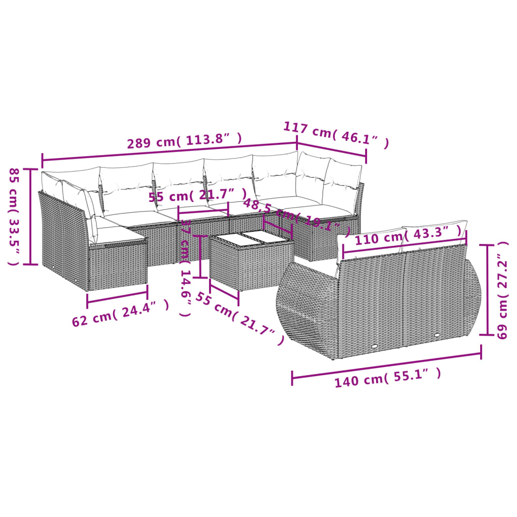 Set mobilier de grădină cu perne, 10 piese, gri, poliratan GartenMobel Dekor
