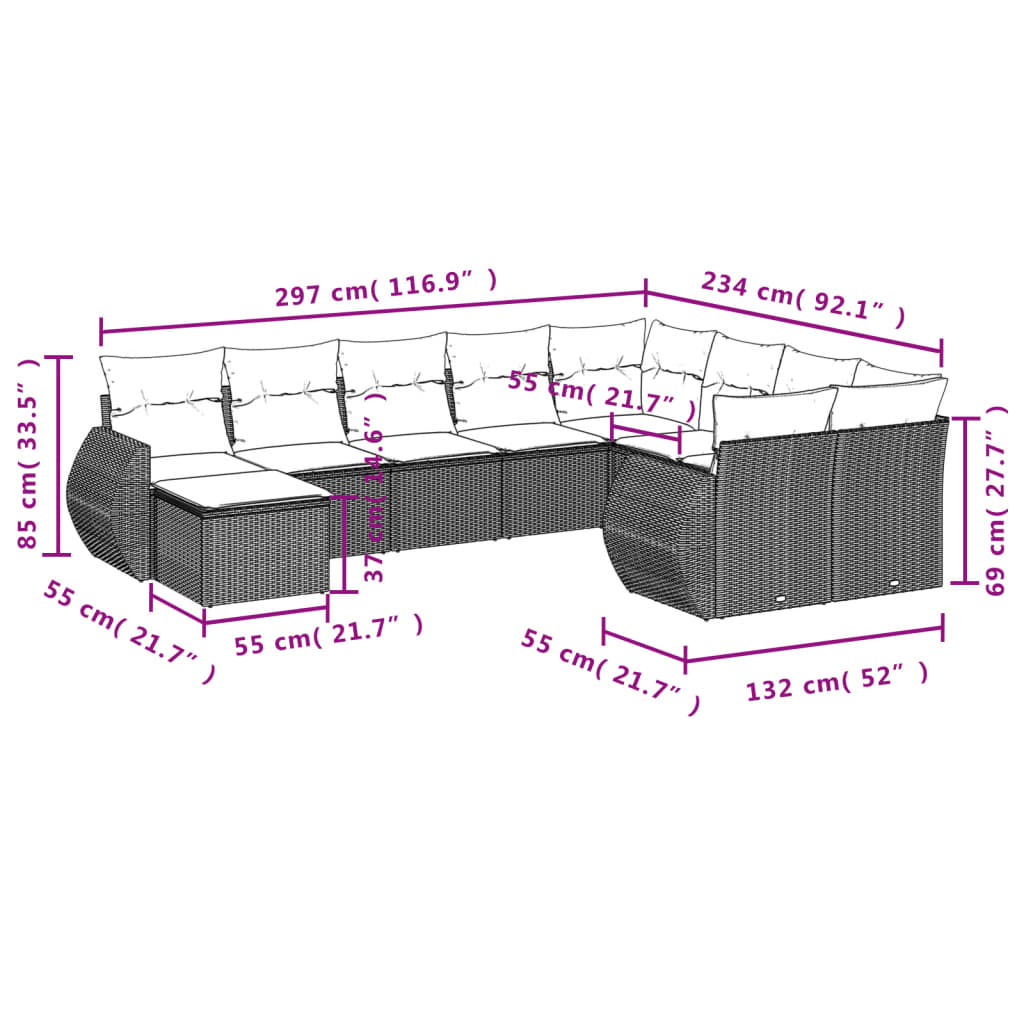 Set mobilier de grădină cu perne, 10 piese, gri, poliratan GartenMobel Dekor