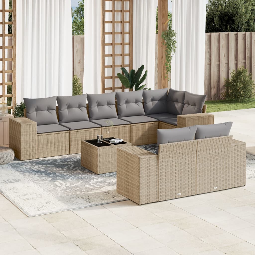 Set canapele de grădină, 9 piese, cu perne, bej, poliratan GartenMobel Dekor