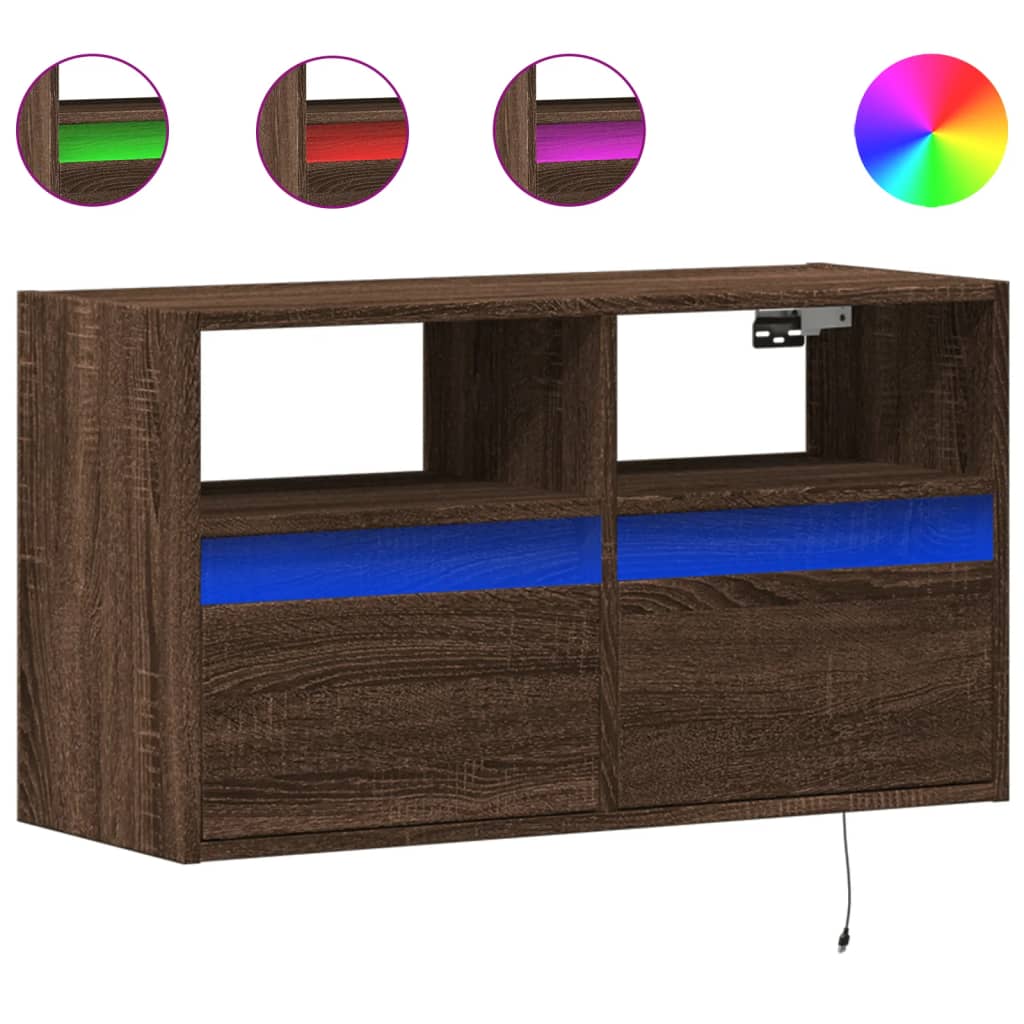 Comodă TV de perete cu lumini LED, stejar maro, 80x31x45 cm GartenMobel Dekor