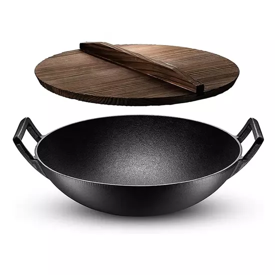 Wok Tradițional Chinezesc din Fontă cu Capac din Lemn  Mare, 36,5 cm Handy KitchenServ