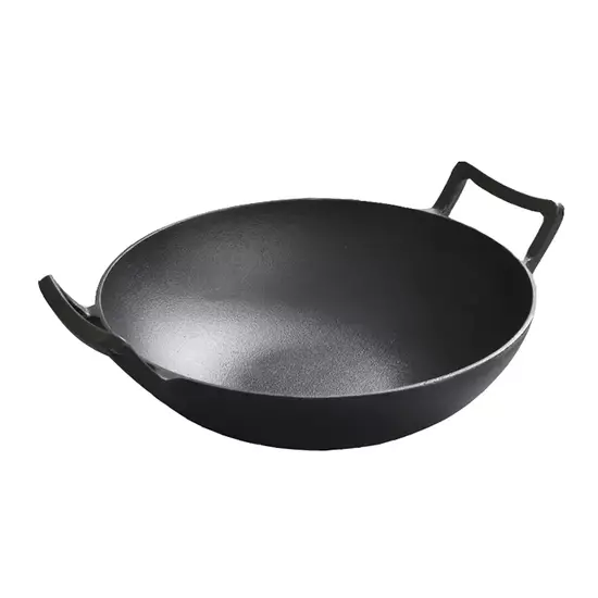 Wok Tradițional Chinezesc din Fontă cu Capac din Lemn  Mare, 36,5 cm Handy KitchenServ