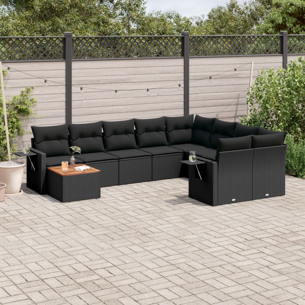 Set canapele de grădină cu perne, 10 piese, negru, poliratan GartenMobel Dekor