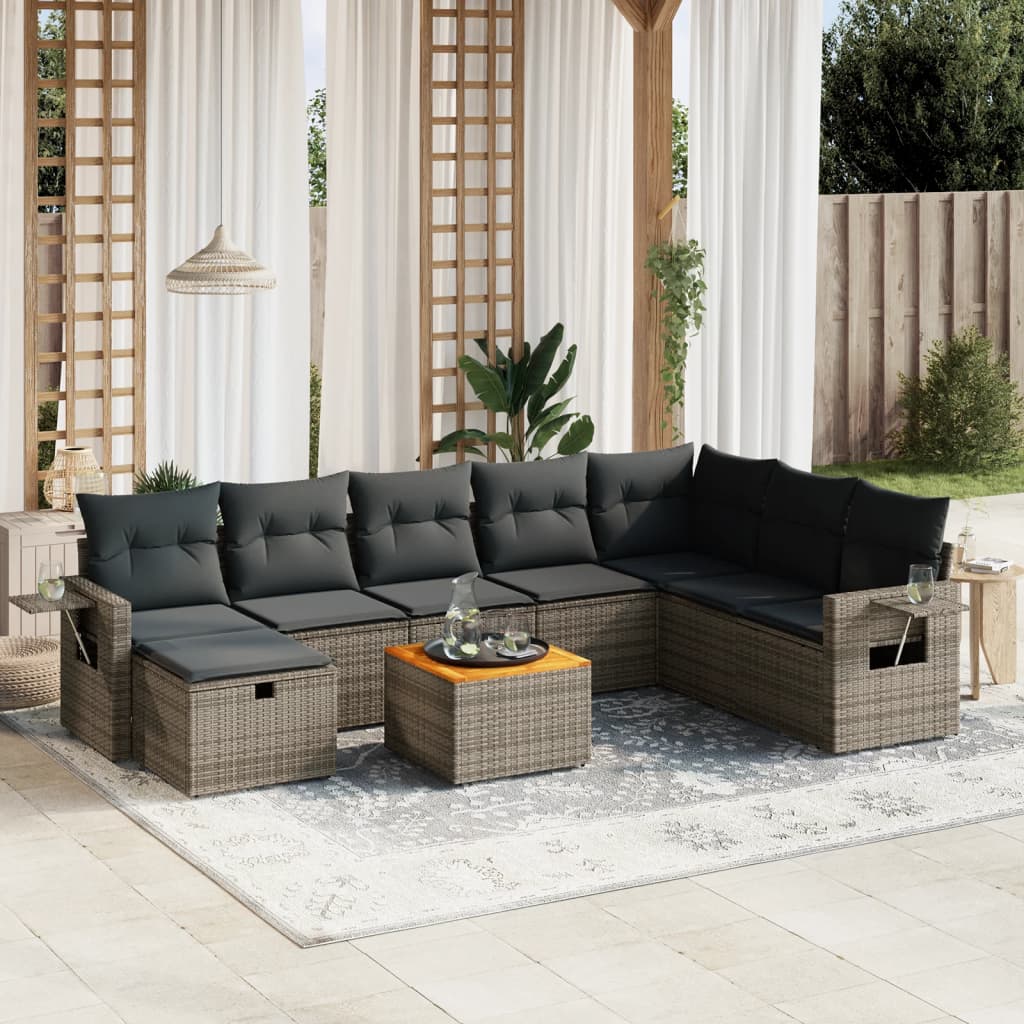 Set canapele de grădină, 9 piese, cu perne, gri, poliratan GartenMobel Dekor