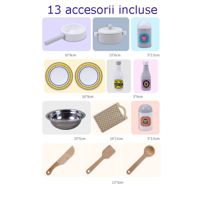 Bucatarie din lemn pentru copii, chiuveta metalica, vase si ustensile de gatit incluse, 68x26x80 cm MultiMark GlobalProd