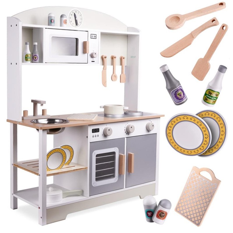 Bucatarie din lemn pentru copii, chiuveta metalica, vase si ustensile de gatit incluse, 68x26x80 cm MultiMark GlobalProd