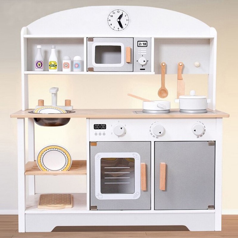 Bucatarie din lemn pentru copii, chiuveta metalica, vase si ustensile de gatit incluse, 68x26x80 cm MultiMark GlobalProd