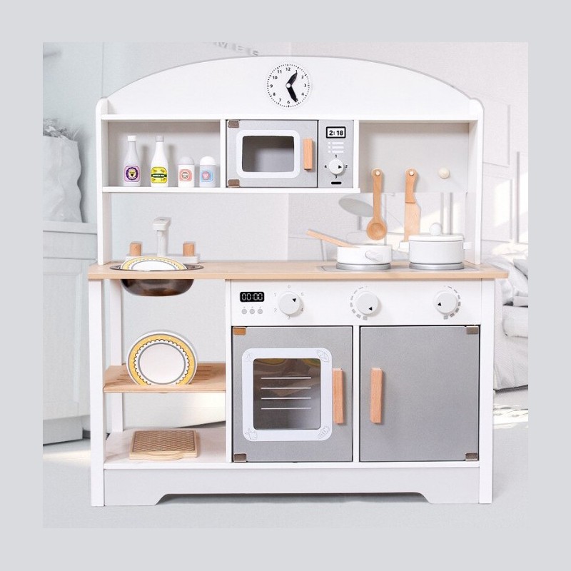 Bucatarie din lemn pentru copii, chiuveta metalica, vase si ustensile de gatit incluse, 68x26x80 cm MultiMark GlobalProd